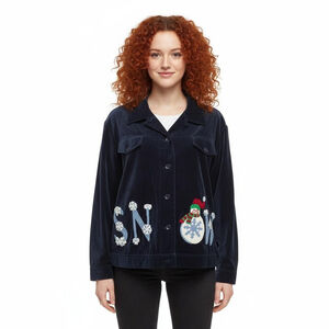 Bellepointe Vintage Navy Velour t Snowman Snowflake Button Down Blouse - Large